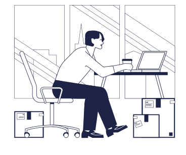 Homem com café para viagem senta-se na cadeira do escritório e trabalha no laptop, com vários pacotes ao seu redor PNG, SVG
