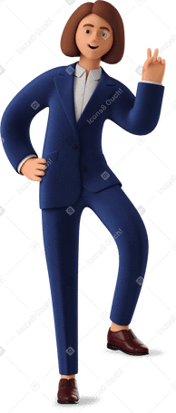 3D businesswoman in blue suit leaning with one leg and showing peace sign Illustration in PNG, SVG