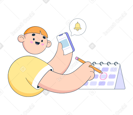 Man makes a reminder in the calendar and receives a notification Illustration in PNG, SVG