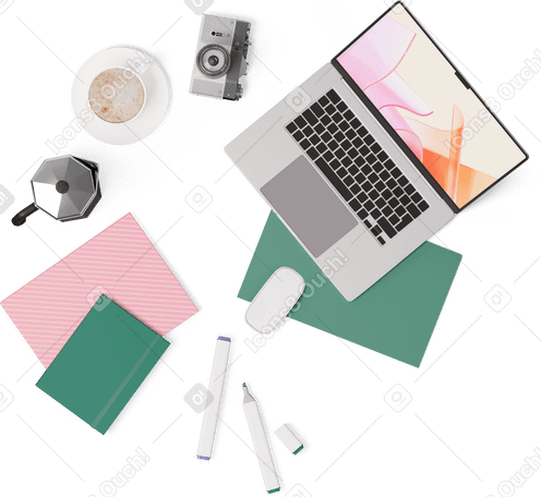 3D top view of laptop folder, camera, cup of coffee, notebooks and markers PNG, SVG
