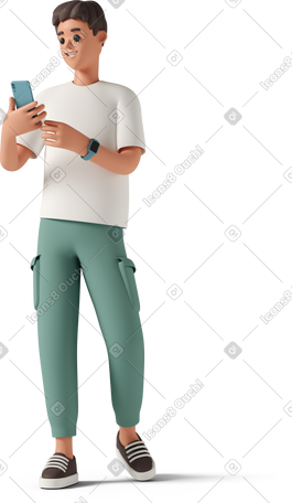 3D young man holding blue smartphone PNG, SVG