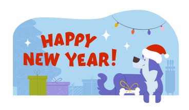 Happy New Year text and dog looking at the gifts PNG, SVG