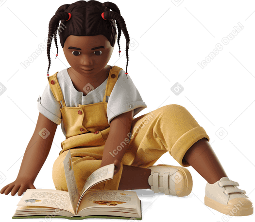 3D little girl reading a book PNG, SVG