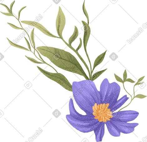 violet flower with a yellow center and small leaves PNG, SVG