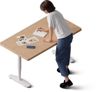 isometric view of young woman leaning on table and writing PNG, SVG