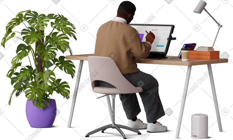 3D front view of young man working on graphic tablet PNG, SVG