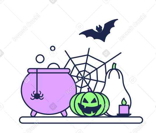 Abóboras, teia de aranha e caldeirão como decoração de halloween PNG, SVG