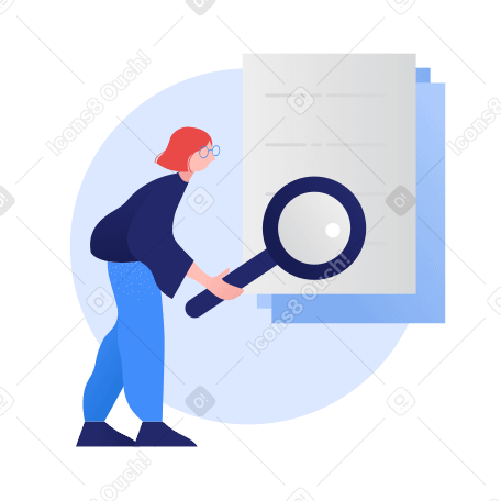 Woman with magnifying glass searching in document PNG, SVG