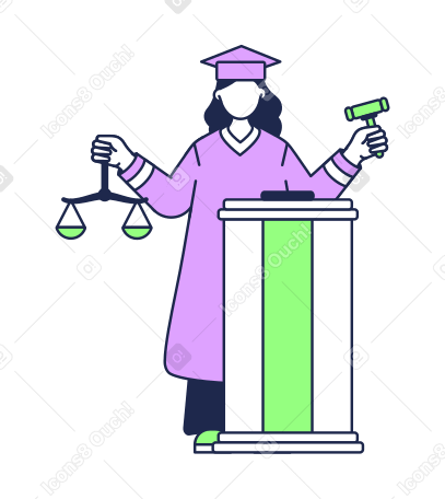 Giudice in piedi al banco del giudice con una bilancia di themis e un martelletto PNG, SVG