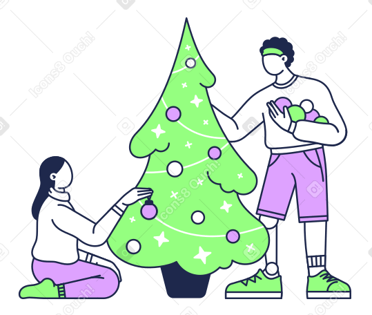 Hombre y mujer decorando el árbol de navidad. PNG, SVG