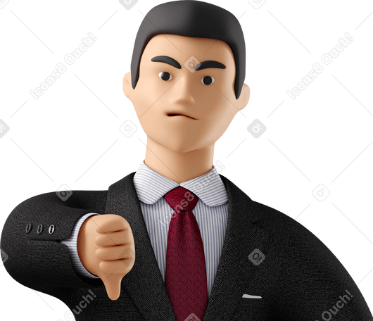 3D close up of angry businessman in black suit showing thumbs down Illustration in PNG, SVG