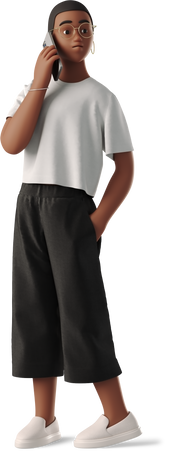 young woman staying and talking on phone with hand in pocket Illustration in PNG, SVG