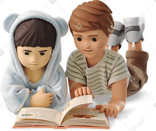 3D little kids reading a book PNG, SVG