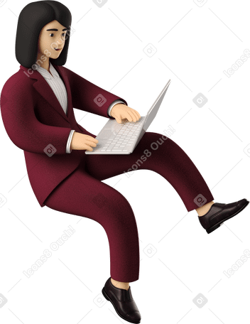 3D seated businesswoman in red suit with laptop Illustration in PNG, SVG