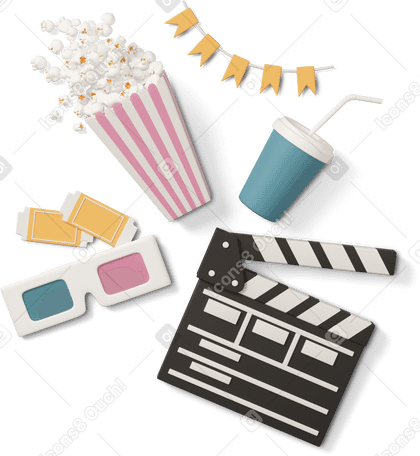 3D popcorn bucket, tickets, 3D glasses, and clapper board PNG, SVG
