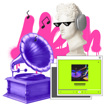 Music streaming services with vintage ambience, bust sculpture and gramophone PNG, SVG