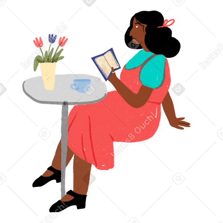 Женщина читает книгу в кафе в PNG, SVG