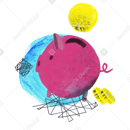Pink piggy bank with coins and abstract elements Illustration in PNG, SVG