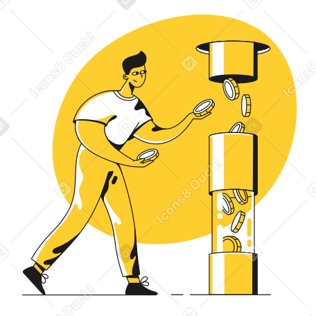 Man with money in his hands adds coins to the financial flow in the pipe PNG, SVG