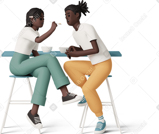 3D young girl and boy sitting on bar stool and eating Illustration in PNG, SVG