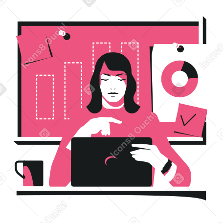 在后台使用分析板的笔记本电脑上工作的女性营销人员 PNG, SVG