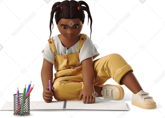 3D Petite fille dessinant dans un carnet de croquis PNG, SVG