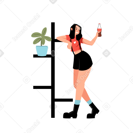 Девушка пьет кока-колу рядом с полкой с цветами в PNG, SVG