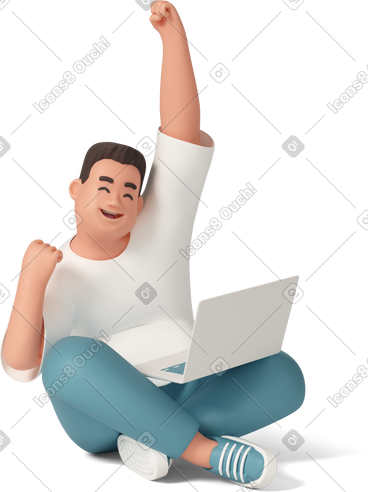 Joyful man holding laptop celebrating success PNG, SVG