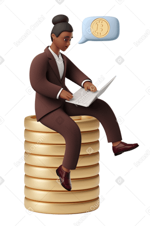3D Деловая женщина сидит на стопке биткойнов и анализирует финансы в PNG, SVG