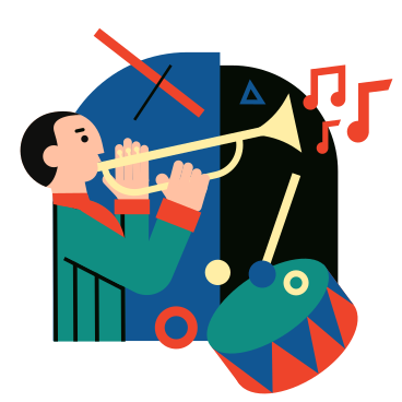 Ilustración animada de A musician playing the trumpet next to a drum en GIF, Lottie (JSON), AE