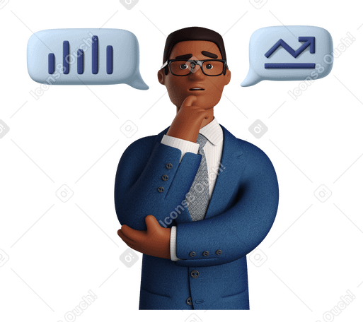 3D Businessman in glasses thinking about statistics Illustration in PNG, SVG