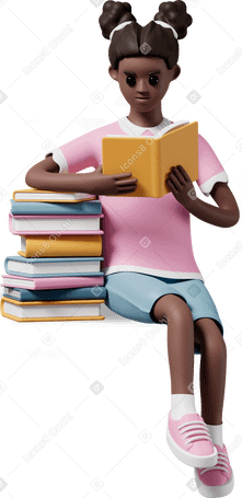 3D girl sitting leaning on stack of books and reading PNG, SVG