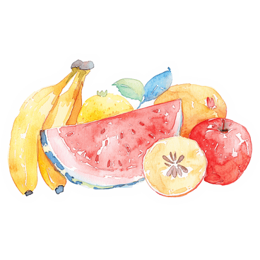Бананы, ломтик арбуза, абрикосы и яблоки в PNG, SVG