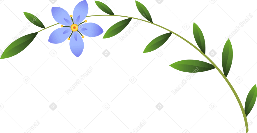 Una pequeña flor azul en una ramita larga con hojas PNG, SVG