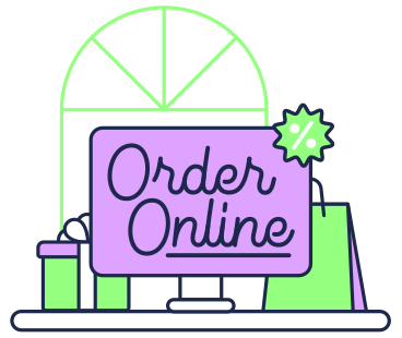 Schriftzug „online bestellen“-text mit geschenken und prozentsymbol PNG, SVG