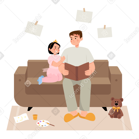 Papá le lee un libro a su hija en la sala de estar. PNG, SVG