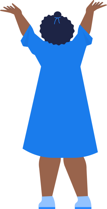 graduate girl with afro hair in robe stands with her hands raised up PNG, SVG