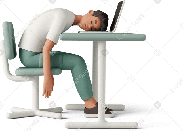 3D man sitting and sleeping on laptop PNG, SVG