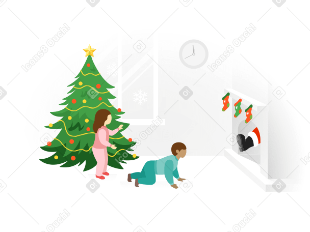 Children waiting for santa near fireplace PNG, SVG