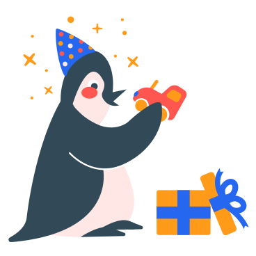 Счастливый пингвин открывает подарок на день рождения в PNG, SVG