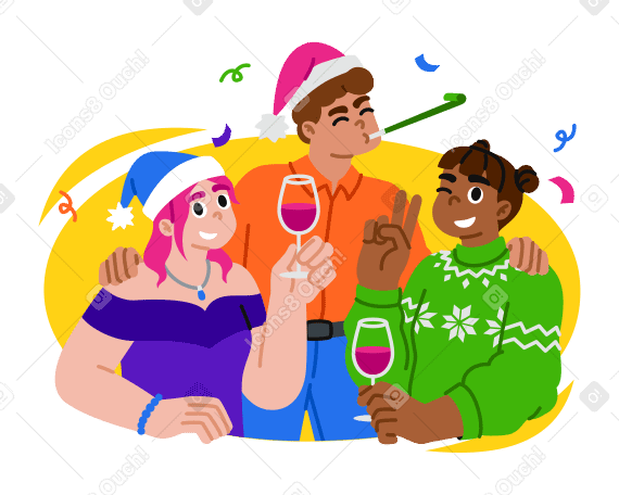 Amigos celebrando la navidad con bebidas y confeti. PNG, SVG
