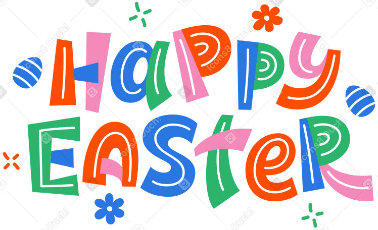 lettering happy easter with eggs and stars Illustration in PNG, SVG