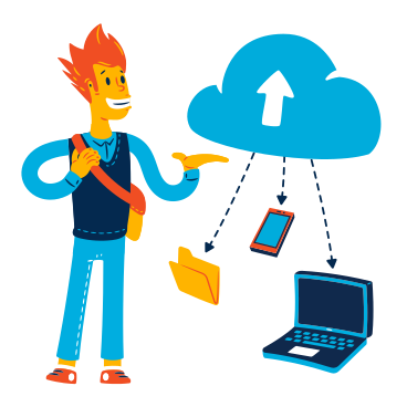 Man using cloud-based services on devices PNG, SVG