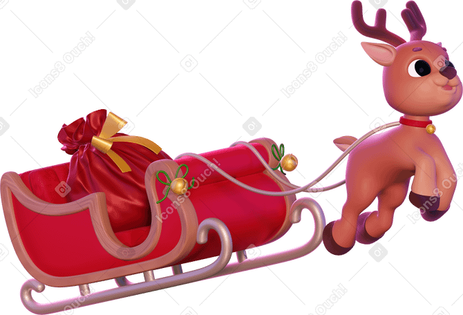 3D christmas reindeer carrying gifts in a sleigh PNG, SVG