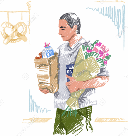 young man buying groceries and flowers PNG, SVG