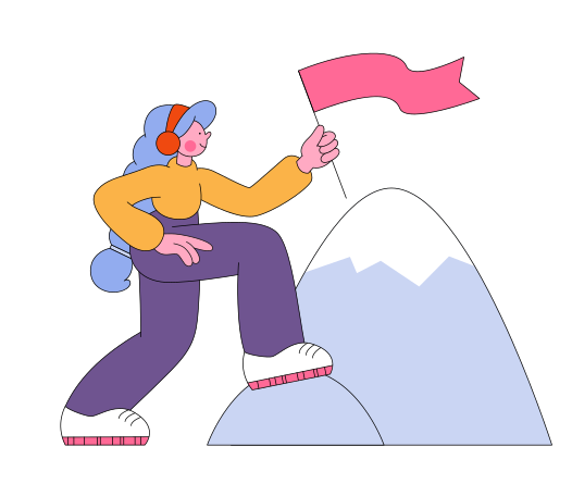Иллюстрация Женщина устанавливает флаг на вершине горы в PNG и SVG