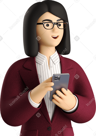 3D businesswoman in red suit with phone looking aside PNG、SVG
