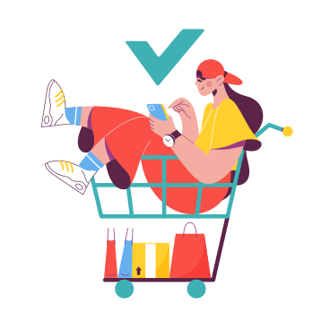 Ilustración animada de Mujer en carrito de compras haciendo pedido en teléfono inteligente en GIF, Lottie (JSON), AE