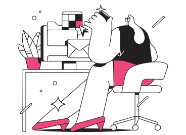 Женщина сидит перед компьютером в офисе в PNG, SVG