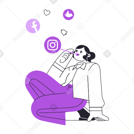 Woman blows social media bubbles Illustration in PNG, SVG